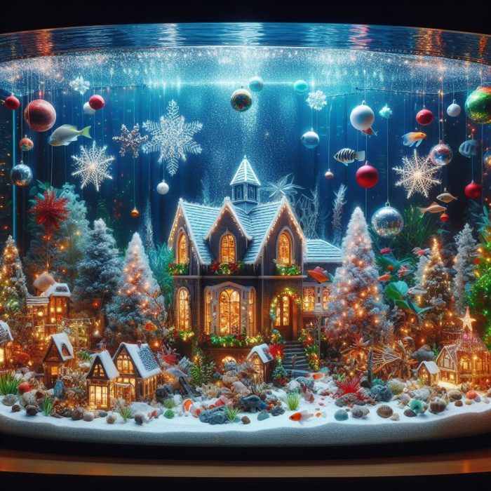An AI generated image of a Christmas village and decorations inside a fish tank