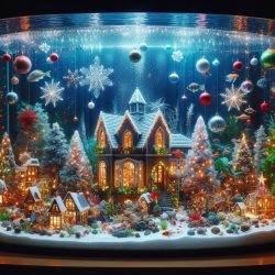 An AI generated image of a Christmas village and decorations inside a fish tank