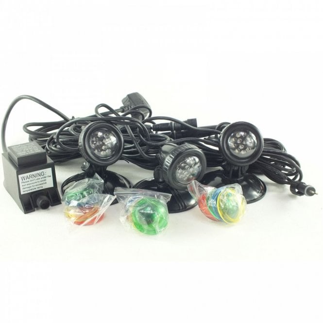 Jebao Submersible LED Pond Light Set – 5 Pack With Photocell Sensor, 4 Color Lenses (Blue, Yellow, Red, Green), Low Voltage For Water Gardens & Ponds
